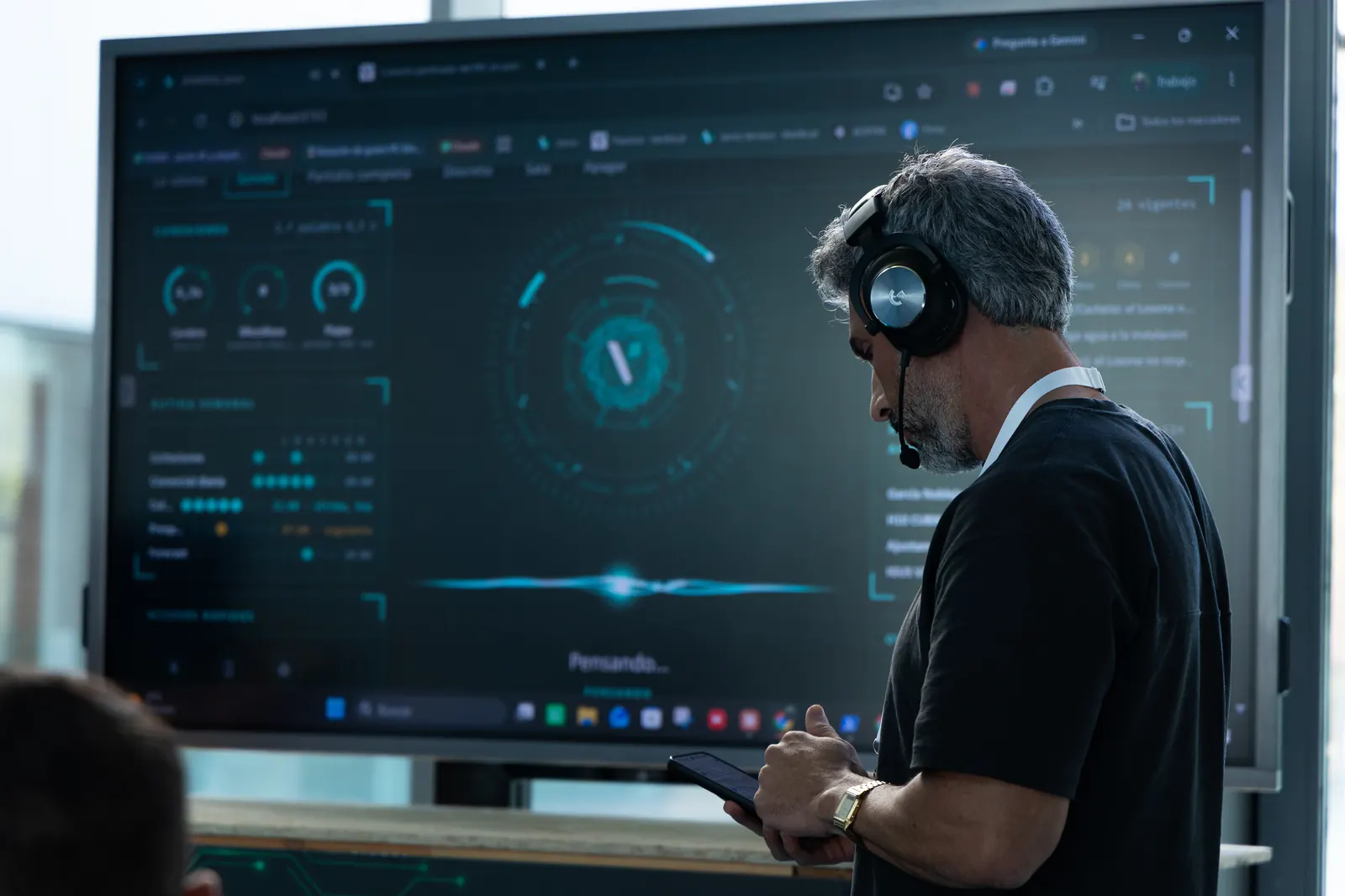 Daniel Guzmán, con auriculares y el móvil en la mano, ante la pantalla de la plataforma durante la demo del WGIC26.